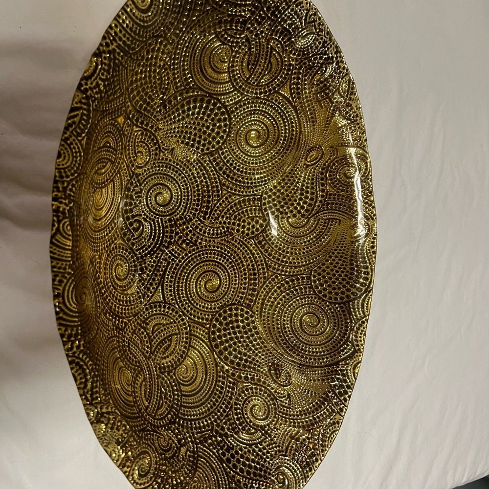 Akcam Elegant Swirl Patterned Gold Glass Oval Bowl Silverina